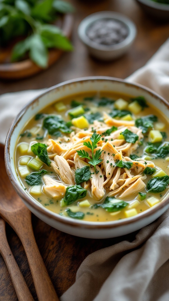 Creamy keto chicken soup with shredded chicken, spinach, and celery in a rustic bowl.